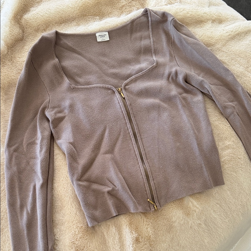 Abercrombie & Fitch Mauve Taupe Zip-Front Square Neck Cardigan